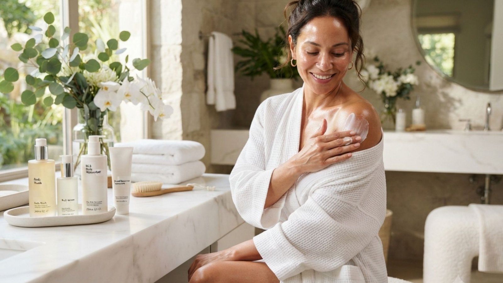 Woman applying body moisturizer to shoulder with body wash, mist, and cream products displayed on marble bathroom counter